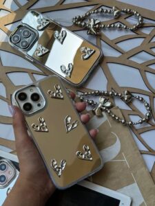 قاب آینه ای قلب کرومی با آویز گوشی آیفون مدل iPhone 11pro