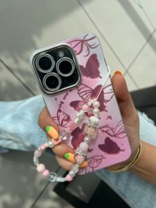 قاب پروانه صورتی براش همراه با بند ست گوشی آیفون 14 پرو