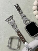 بند اپل واچ پروانه نگینی استیل با گارد نگین دار مناسب برای سایز 42 و 44 و 45 میلی متر