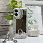 قاب Dior آینه ای دور نگین با آویز قلبی پاپیونی (کدC1989)