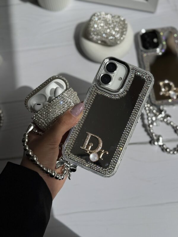 قاب Dior آینه ای دور نگین با آویز قلبی پاپیونی (کدC1989)