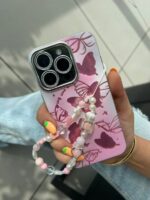قاب پروانه صورتی براش همراه با بند ست گوشی آیفون 14 پرومکس